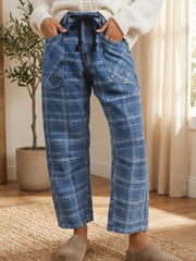 Sky Blue Plaid Denim Grommet Drawstring Waist Ankle-Length Jeans - Miniatuur