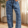 Sky Blue Plaid Denim Grommet Drawstring Waist Ankle-Length Jeans