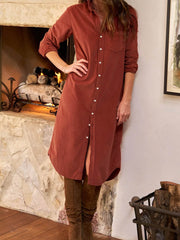 Clay Long Sleeve Button Down Corduroy Midi Length One Piece Dress - Miniatuur