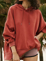 Roter Hoodie mit Senkungsschultertasche und weitem Kordelzug - Miniatuur