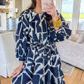 Blue Abstract Geometric Print Zip Front Tie Waist Shift Dress - Damesmode Afbeelding 6 - Foto 6
