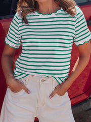 Black Stripe Scalloped Trim Round Neck T Shirt - Damesmode Afbeelding 7 - Miniatuur