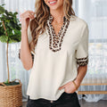 Violet Leopard Patchwork Trim Split Neck Short Sleeve Blouse - Foto 6