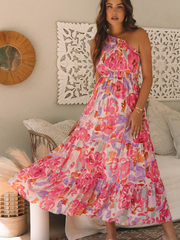 Robe Maxi à une épaule à motif fleural abstrait rose à motifs brillants - Miniatuur