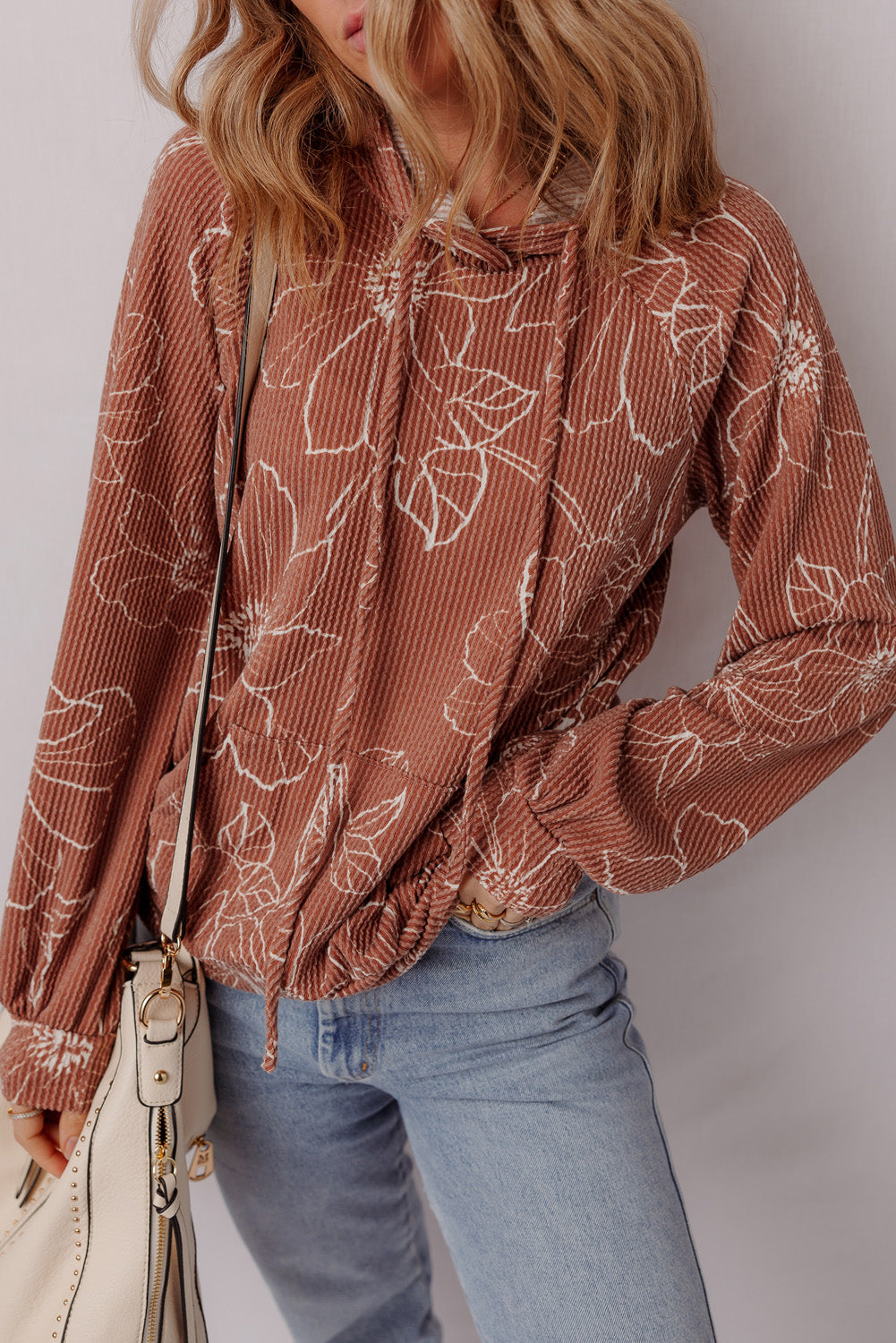 Brown Floral Twisted Rib Drawstring Kangaroo Pocket Hoodie - Damesmode Afbeelding 1