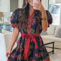 Black Retro Floral Print Button Down Belted Short Puff Sleeve Mini Dress - Damesmode Afbeelding 5 - Foto 5