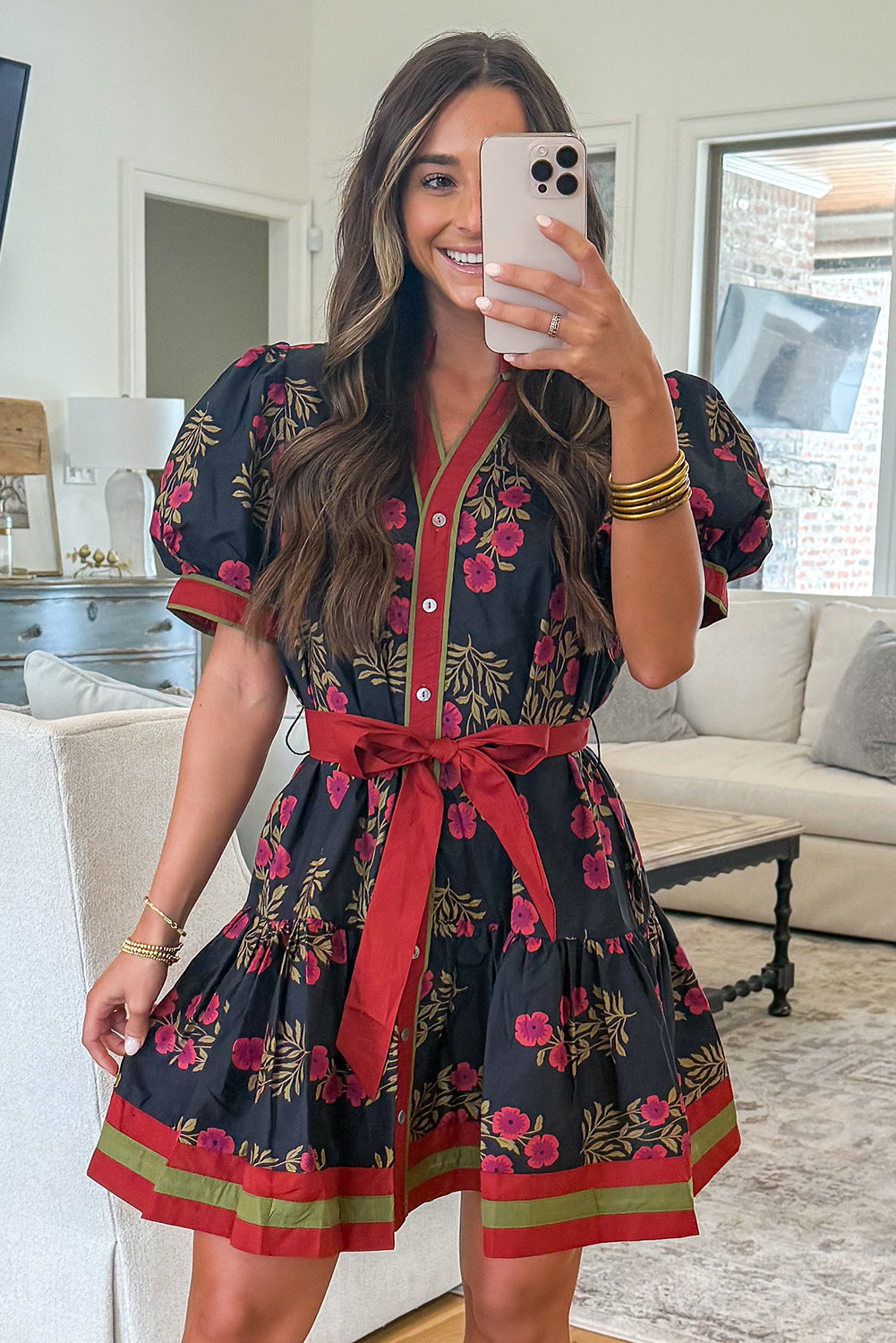 Black Retro Floral Print Button Down Belted Short Puff Sleeve Mini Dress - Damesmode Afbeelding 5