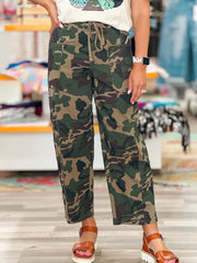 Green Camouflage Print Drawstring Patch Pocket Barrel Jeans - Miniatuur