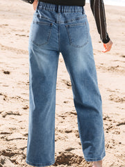 Stone Blue Star Patchwork Cropped Wide Leg High Waist Jeans - Miniatuur