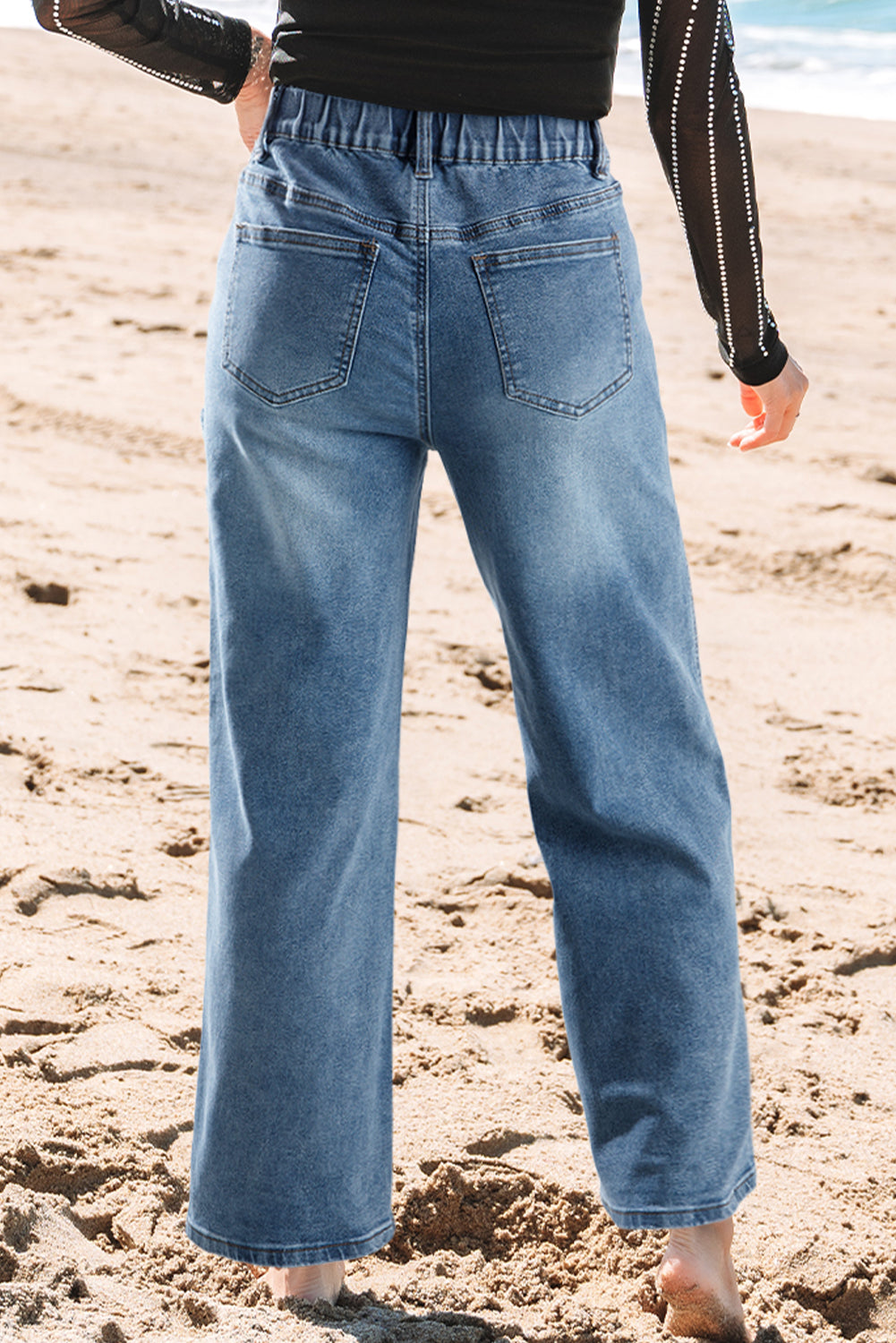 Stone Blue Star Patchwork Cropped Wide Legs High Waist Jeans