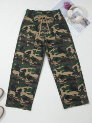 Green Camouflage Print Drawstring Patch Pocket Barrel Jeans - Miniatuur
