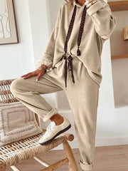 Parchment Leopard Drawstring Pullover Hoodie and High Waist Pants Corduroy Suit - Miniatuur
