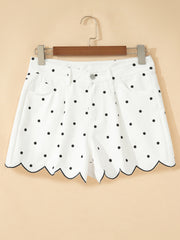 White Polka Dot Print Embroidered Scallop Hem Shorts - Miniatuur