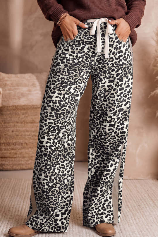 Chaki-Leopardenmuster Kordelzug-Taillen-Jeans mit geradem Beine