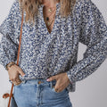 Blue Floral Print Notched V Neck Puff Sleeve Blouse - Damesmode Afbeelding 5 - Foto 5