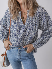 Blue Floral Print Notched V Neck Puff Sleeve Blouse - Damesmode Afbeelding 5 - Miniatuur