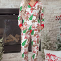 Rosa Weihnachtsmuster Knopf-V-Ausschnitt-Pullover mit Kordelzughose 2-teiliges Lounge-Set - Foto 4
