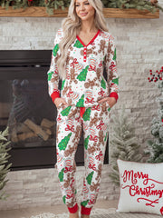 Jersey con botón y cuello en V con patrón navideño rosa Conjunto de sofá de 2 piezas - Miniatuur