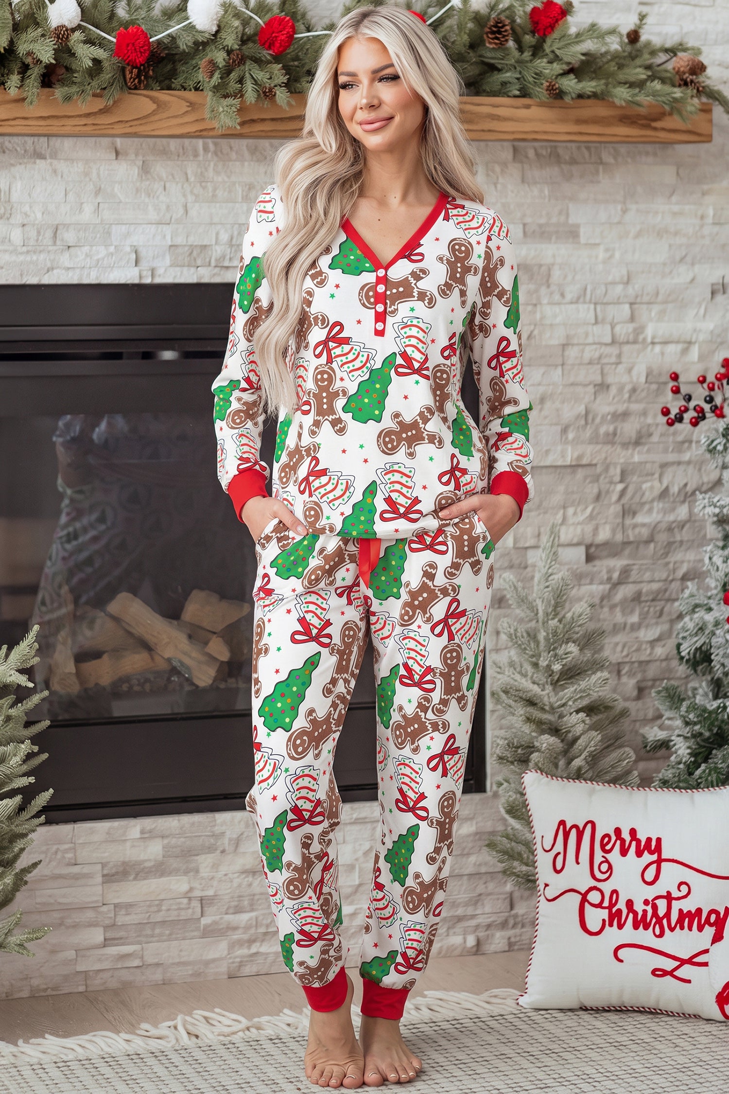 Rosa Weihnachtsmuster Knopf-V-Ausschnitt-Pullover mit Kordelzughose 2-teiliges Lounge-Set