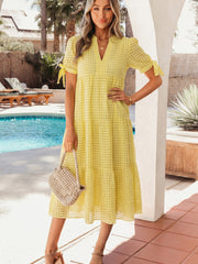 Yellow Gingham Textured Bow Tie Short Sleeve Tiered Midi Dress - Miniatuur
