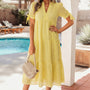 Yellow Gingham Textured Bow Tie Short Sleeve Tiered Midi Dress