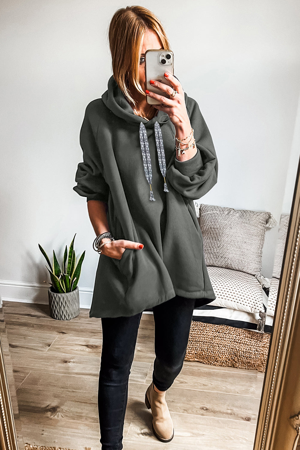 Schmutzig blauer Fleece-Hoodie, verstellbarer Kordelzug-Hoodie mit Übergroßem Tunika-Hoodie