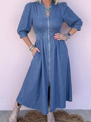 Blu con scollo a V e vita con cerniera metallica e denim Midi - Damesmode Afbeelding 4 - Miniatuur