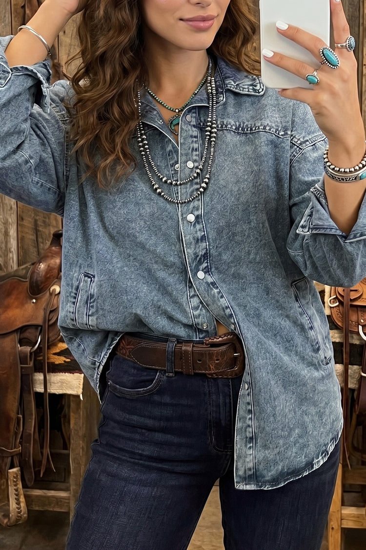 Dusk Blue Western Langarmhemdkragen Tunika-Jeansjacke - Damesmode