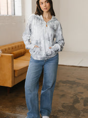 Gray Camo Leaf Print Kangaroo Pocket Quarter Zip Hoodie - Miniatuur
