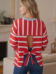 Racing Red Striped Bow Tie Hollowed Back 7/8 Sleeve Casual T-Shirt - Miniatuur