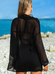 Black Sheer Tunic Shirt Drawstring Shorts 2pcs Swim Cover Up - Damesmode Afbeelding 2 - Miniatuur