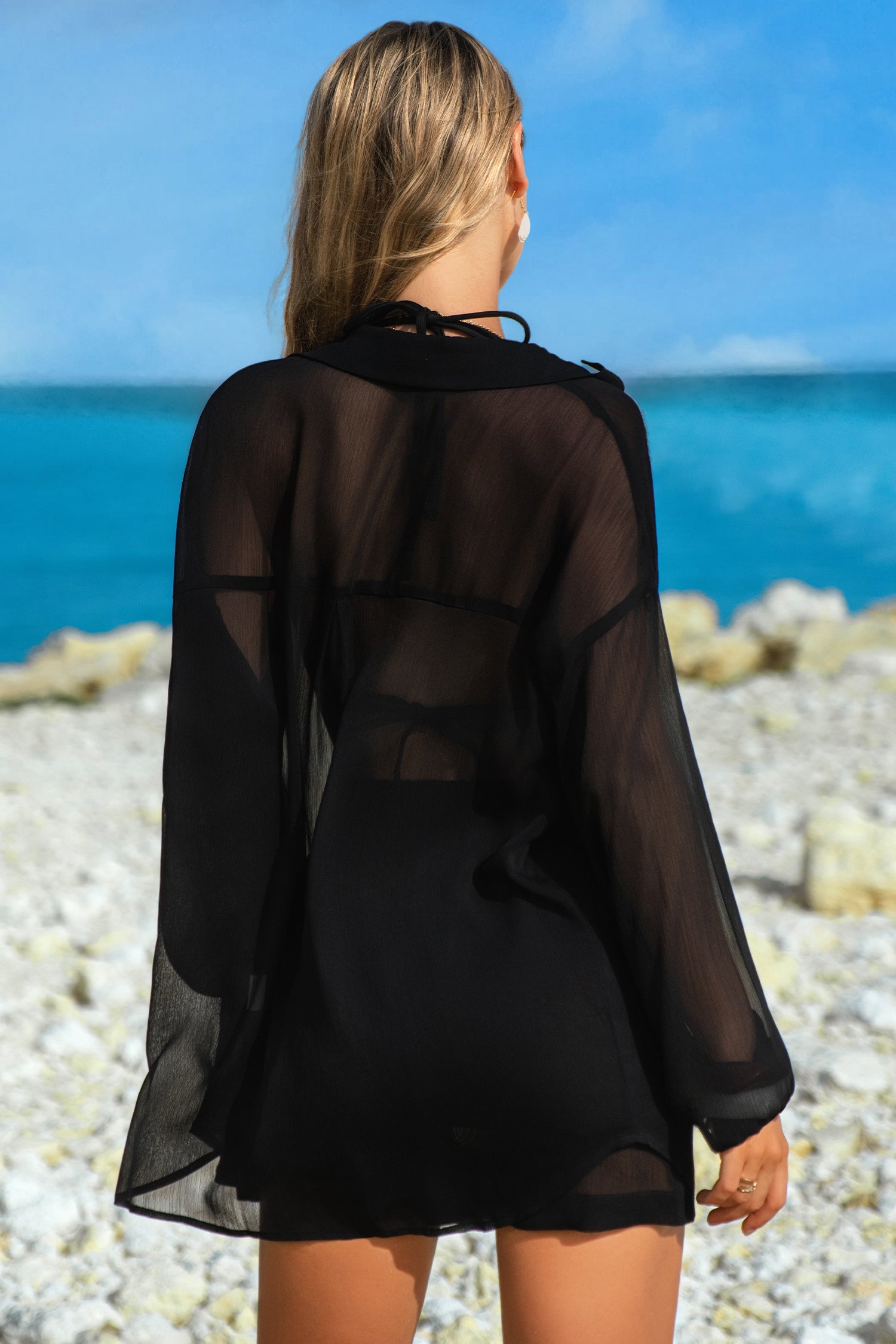 Black Sheer Tunic Shirt Drawstring Shorts 2pcs Swim Cover Up - Damesmode Afbeelding 2