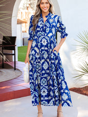 Vestido largo de manga media con cuello floral y volantes azul salvaje - Damesmode Afbeelding 7 - Miniatuur