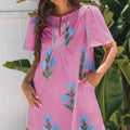Rose Floral Short Sleeve Split Neck Loose Mini Dress - Foto 1