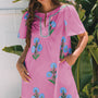 Rosé-Blumen-Kurzärmel-Split-Neck-Locker-Mini-Kleid