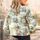 Khaki Floral Print Zip Up Contrast Collared Jacket - Thumbnail