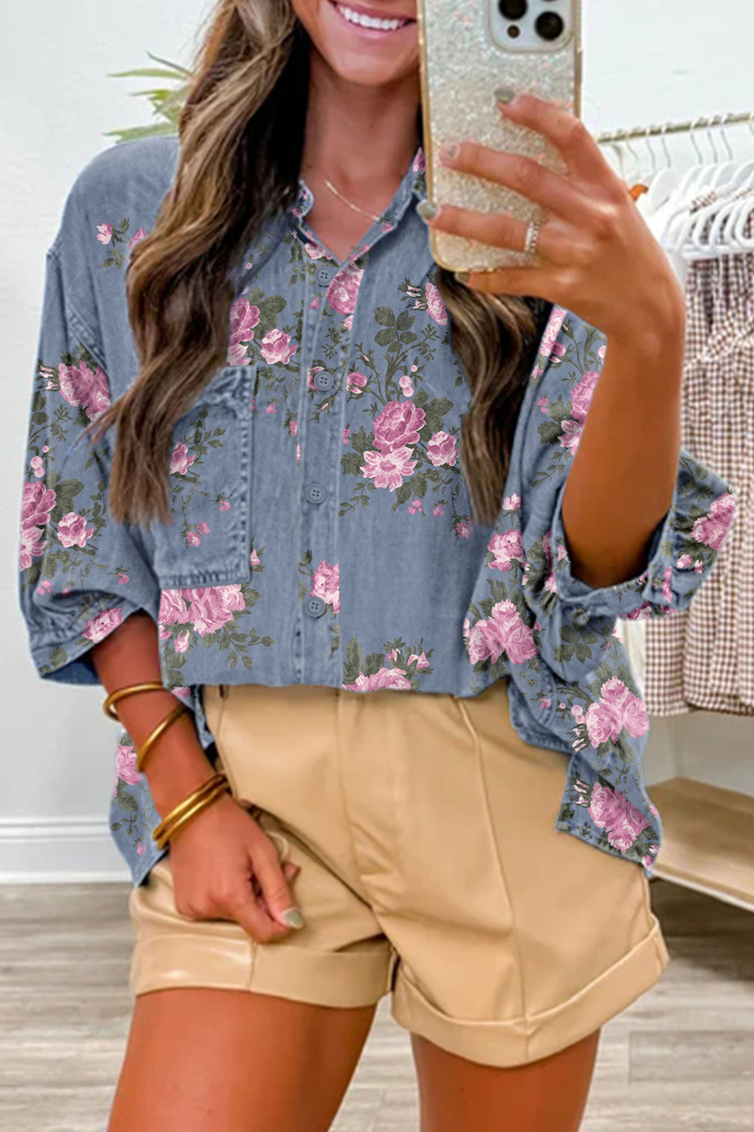 Blue Bracelet Sleeve Floral Denim Shirt - Women's Fashion Image 1