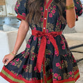 Black Retro Floral Print Button Down Belted Short Puff Sleeve Mini Dress - Damesmode Afbeelding 1 - Foto 1