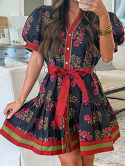 Black Retro Floral Print Button Down Belted Short Puff Sleeve Mini Dress - Damesmode Afbeelding 1 - Miniatuur