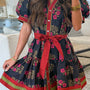 Black Retro Floral Print Button Down Belted Short Puff Sleeve Mini Dress