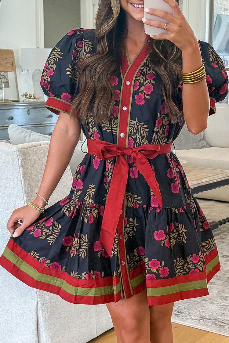 Black Retro Floral Print Button Down Belted Short Puff Sleeve Mini Dress - Damesmode Afbeelding 1 - Damesmode
