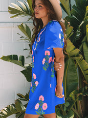 Rosé-Blumen-Kurzärmel-Split-Neck-Locker-Mini-Kleid - Miniatuur