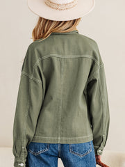 Smoke Green Patched Pocket Collared Button Front Boyfriend Denim Jacket - Miniatuur