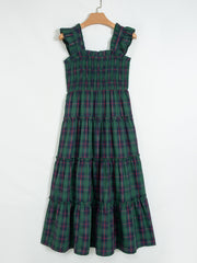 Green Plaid Ruffle Sleeveless Shirred Bodice Tiered Midi Dress - Miniatuur