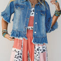 Blue Ruffle Hem Raw Edge Half Sleeve Western Denim Jacket - Damesmode Afbeelding 1 - Foto 1