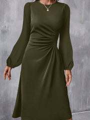Jungle Green Solid Color Ruched Detail Long Sleeve Midi Dress - Miniatuur