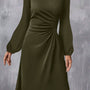 Jungle Green Solid Color Ruched Detail Long Sleeve Midi Dress