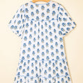 Sky Blue Floral Puff Sleeve Tied Neck Pocketed Mini Dress - Foto 5