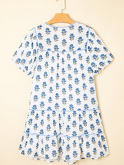 Sky Blue Floral Puff Sleeve Tied Neck Pocketed Mini Dress - Miniatuur