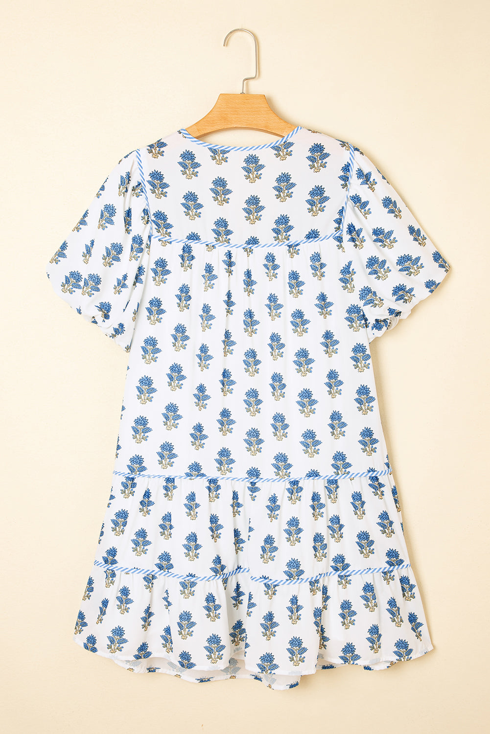 Mini robe Mini Bleu Bleu Floral Bouffante, Manche Nouée et Poches